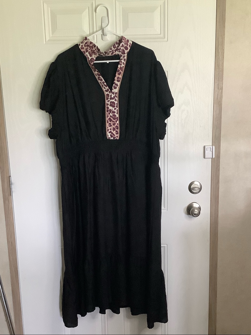 Black Midi Dress with Pink Leopard-Trim V-Neck
